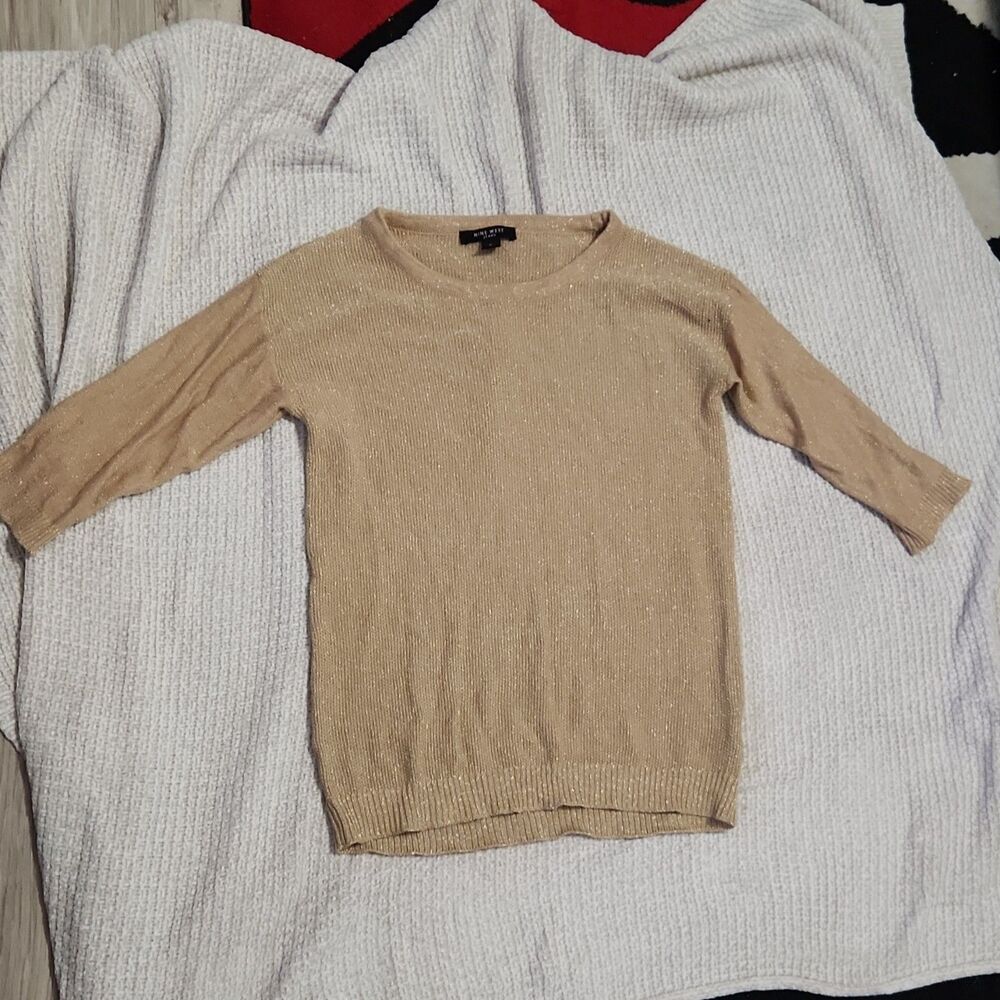 Nine West Jeans Knit Pullover Sweater Metallic Beige Crew Neck 3/4 Sleeve M